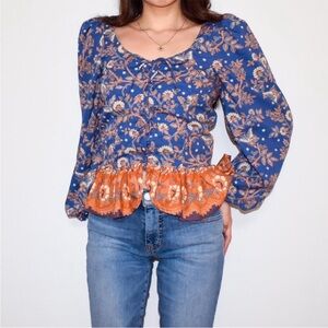 House of Harlow 1960 Nastassia blue and orange floral billowy puff sleeve